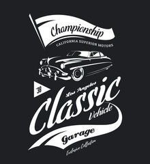 Fototapeta premium Vintage vehicle vector logo isolated on dark background. Premium quality old classic car logotype tee-shirt emblem illustration. Los Angeles, California street wear superior retro tee print design.