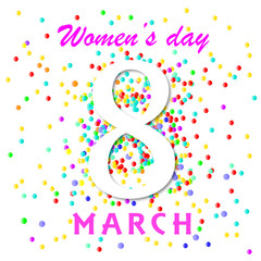 8 March, International Womens Day vector greeting card with colorfull marbles and number
