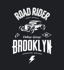 Vintage hot rod vector tee-shirt logo isolated on dark background. 
Premium quality old sport car logotype t-shirt emblem illustration. Brooklyn, New York street wear superior retro tee print design.