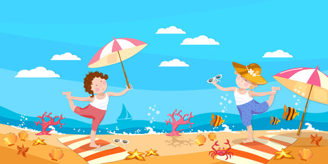 Summer holiday vector. Happy children, girl and boy playing on the beach