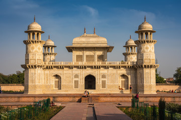 Fototapeta na wymiar Unidentified tourist visit a beautiful Mughal Tomb, I'timad-ud-Daulah Tomb, in Agra, India, Also known as the Jewel Box or the Baby Taj.