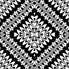Black and white floral abstract seamless pattern. Vector geometric background with rhombus, frames, borders, modern ornaments. Luxury design for fabric, textile. wallpapers
