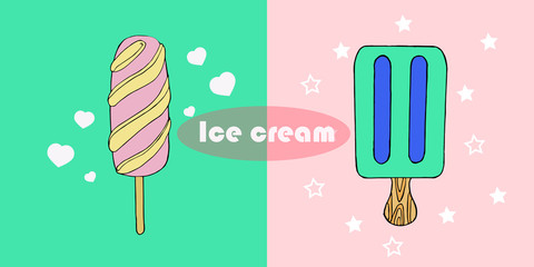 Cute hand drawn with different types of ice cream. Doodle texture with sweet desserts. Perfect background for cafe or restaurant menu. Vector illustration..