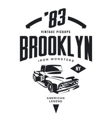Vintage pickup vehicle vector tee-shirt logo isolated on white background. 
Premium quality old sport car logotype t-shirt emblem illustration. Brooklyn, New York street wear retro tee print design.