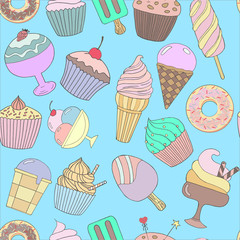 Cute hand drawn seamless pattern with different types of ice cream. Doodle texture with sweet desserts. Perfect background for cafe or restaurant menu.