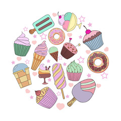 Cute hand drawn with different types of ice cream. Doodle texture with sweet desserts. Perfect background for cafe or restaurant menu. Vector illustration..