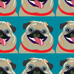 Seamless vector background pattern with a funny happy pug dog