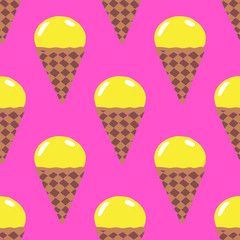 Cute hand drawn seamless pattern with different types of ice cream. Doodle texture with sweet desserts. Perfect background for cafe or restaurant menu.
