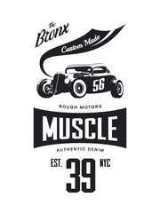 Vintage hot rod vehicle vector tee-shirt logo isolated on white background.
Premium quality sport car logotype t-shirt emblem illustration. 