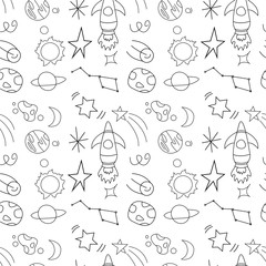 Seamless repeat pattern children's space rocket, space, planets, stars on white background, vector illustration. Modern and original textile, wrapping paper, wall art design.