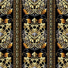 Striped Baroque seamless pattern. Vector floral background wallpaper with gold 3d vertical stripes, borders, damask flowers, leaves, swirls, lines, vintage old ornaments. Luxury design for fabric