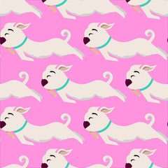 Seamless repeat pattern with white dog, on pink background, vector illustration. Modern and original textile, wrapping paper, wall art design.