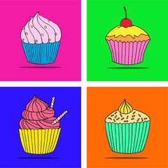 Vector cupcake illustration. Set of hand drawn cupcakes. Doodle cakes with cream and berries.