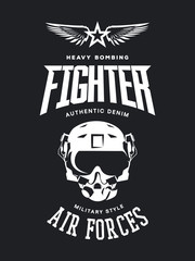 Vintage fighter pilot helmet vector logo isolated on dark background.   Premium quality air force logotype t-shirt emblem illustration poster. Military street wear superior retro tee print design. © pro