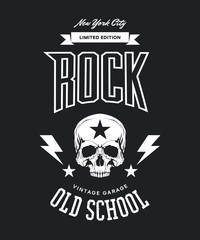 Vintage rock vector t-shirt logo isolated on dark background. Premium quality skull logotype tee-shirt emblem illustration.
New York City street wear legendary music style old retro tee print design.