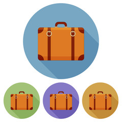 Circular, flat brown suitcase/briefcase icon (with a shadow). Four variations. Isolated on white.