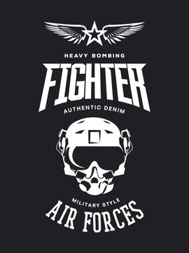 Vintage fighter pilot helmet vector logo isolated on dark background. 
Premium quality air force logotype t-shirt emblem illustration poster. Military street wear superior retro tee print design.