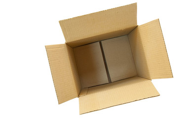The box is open on a white background made of cardboard. Box is empty. Top view. Copy space