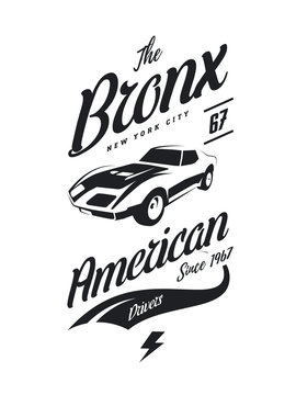 American muscle car vector tee-shirt logo isolated on white background. 
Premium quality sport vehicle logotype t-shirt emblem illustration.