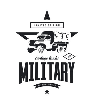 Vintage military truck vector logo isolated on white background. 
Premium quality old vehicle logotype t-shirt emblem illustration. American off-road car street wear superior retro tee print design.