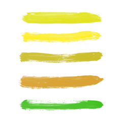 Set of yellow, goldenrod, chartreuse, mustard, olive, green, brown vector watercolor hand paint gradient stripes, isolated. Collection of acrylic dry brush stains, strokes, geometric horizontal lines