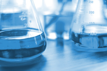 three erlenmeyer flask , Glassware on  science laboratory research and development
