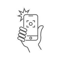 The hand hold the smartphone and photographed with a flash. Photo on smartphone. Editable Stroke