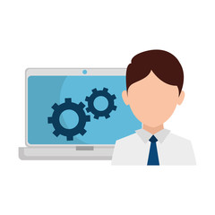 man with laptop and gears vector illustration design