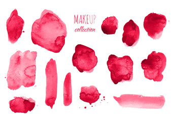 Set of red, pink watercolor hand painted texture backgrounds. Abstract collection of acrylic dry brush strokes, stains, spots, blots, lines. Creative grunge makeup frame, illustration, drawing. Vector