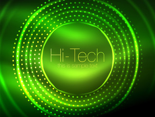 Magic neon circle shape abstract background, shiny light effect template for web banner, business or technology presentation background or elements, vector illustration