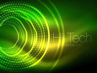 Magic neon circle shape abstract background, shiny light effect template for web banner, business or technology presentation background or elements, vector illustration