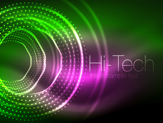 Magic neon circle shape abstract background, shiny light effect template for web banner, business or technology presentation background or elements, vector illustration