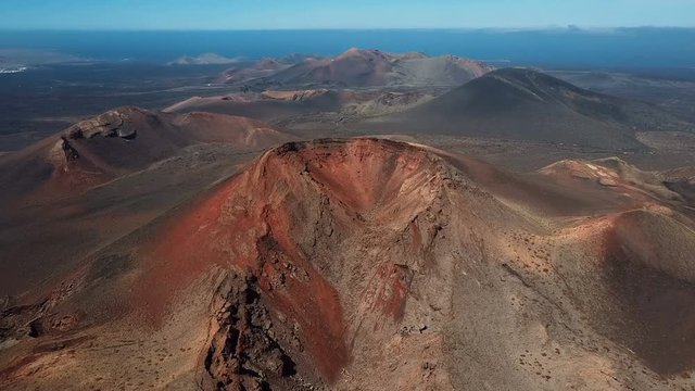 Aerial view of Volcanic valley near Timanfaya National Park, Lanzarote, Canary islands, Spain