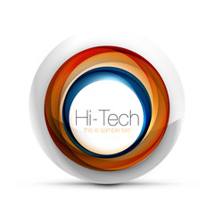 Digital techno sphere web banner, button or icon with text. Glossy swirl color abstract circle design, hi-tech futuristic symbol with color rings and grey metallic element