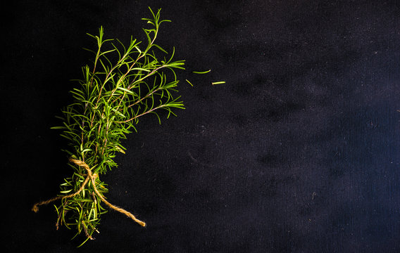 Rosemary spice on dark wooden table