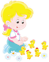 Little girl playing with small funny chicks, a vector illustration in a cartoon style