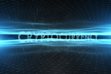 Artistic cryptocurrency word on abstract blue cyberspace background with lines and dots illustration.