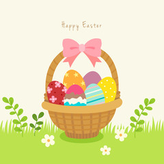 Basket with colorful Easter eggs above the grass and flowers background