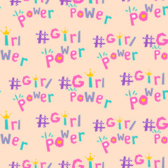 Girl power hashtags seamless vector pattern. Feminist symbol word.