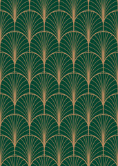 Geometrisches nahtloses Vektormuster des Art Deco. Gold und grüner Pfau abstrakte Federn Textur.