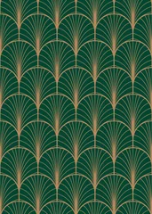 Geometrisches nahtloses Vektormuster des Art Deco. Gold und grüner Pfau abstrakte Federn Textur. © YoPixArt