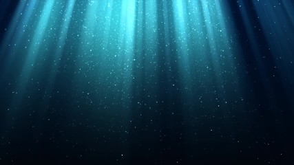 Blue background with rays of light, divine radiance, sparkles, falling snow, night shining sky, seamless loop