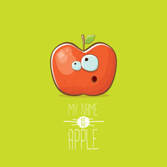 vector funny cartoon cute red apple character isolated on green background. My name is apple vector concept. super funky fruit food character