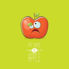 vector funny cartoon cute red apple character isolated on green background. My name is apple vector concept. super funky fruit food character