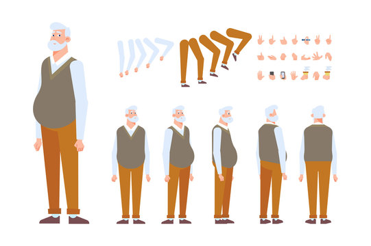 Elderly man character creation set with various views, poses and gestures. Front, side, back view animated character. Cartoon style, flat vector illustration.