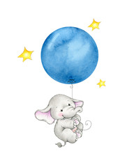 Baby elephant hanging on blue balloon - 194637351