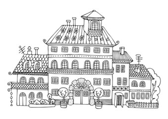 Rural palace in cartoon style. Hand drawn picture. Sketch for anti-stress adult coloring book in zen-tangle style. Vector illustration for coloring page