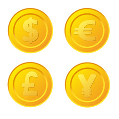 Set of stylized golden coin with currency symbols: dollar, euro, pound and yen signs. Stock vector illustration