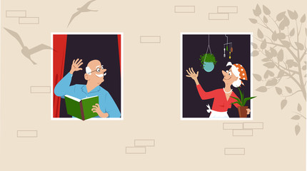 Senior woman taking care of her plants and greeting her neighbor who is reading a book at the window, EPS 8 vector illustration
