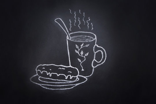 Cup mug with hot chocolate coffee tea glazed eclair on plate. Freehand Chalk Crayon Drawing on Blackboard. Sketch Doodle Style Food Poster Banner Template.